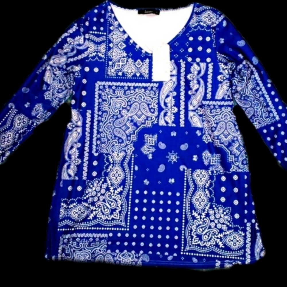 (T-8)Sakurafina Paisley Pattern Long Sleeve Top, Blue & White, Small